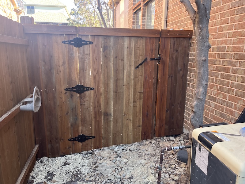 wood gate, decorative hinges